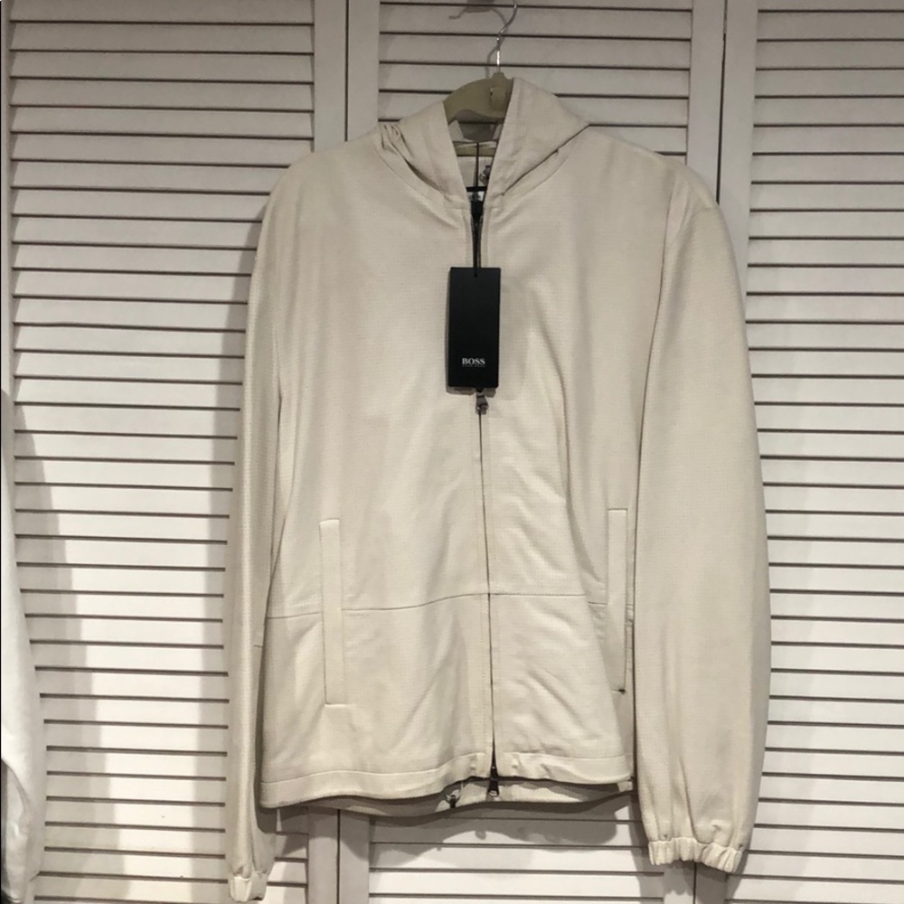Hugo boss men’s white leather jacket with hood